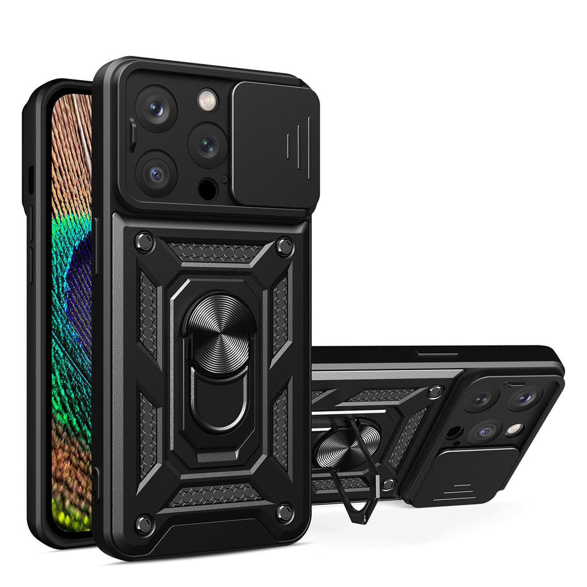 Kickstand Ring Holder with Slide Camera Cover TPU Magnetic Car Mount for APPLE IPHONE 15 PRO In Black