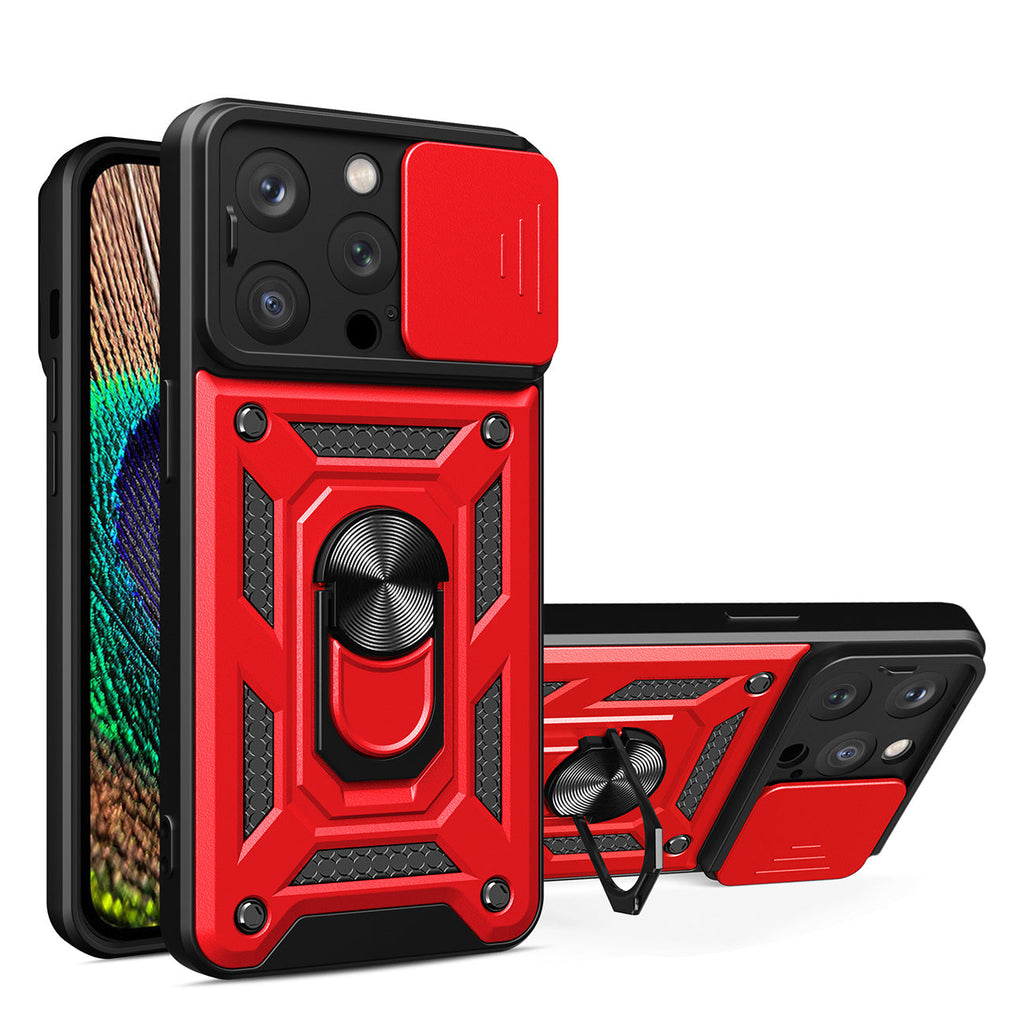Kickstand Ring Holder with Slide Camera Cover TPU Magnetic Car Mount for APPLE IPHONE 14 PRO In Red