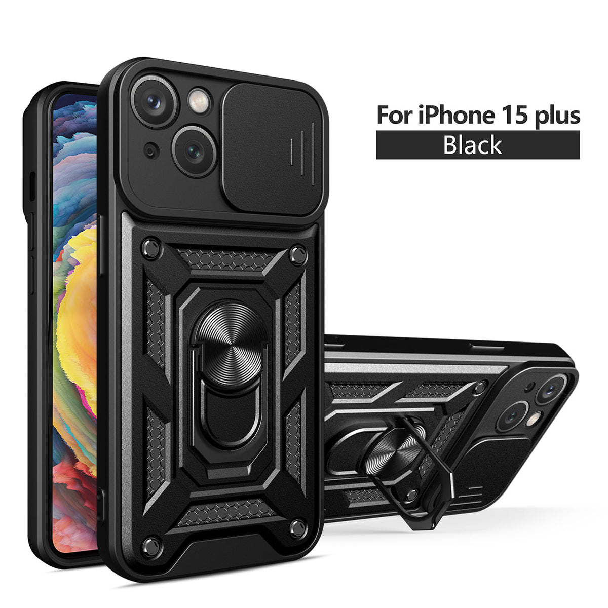 Kickstand Ring Holder with Slide Camera Cover TPU Magnetic Car Mount for APPLE IPHONE 15 PLUS In Black