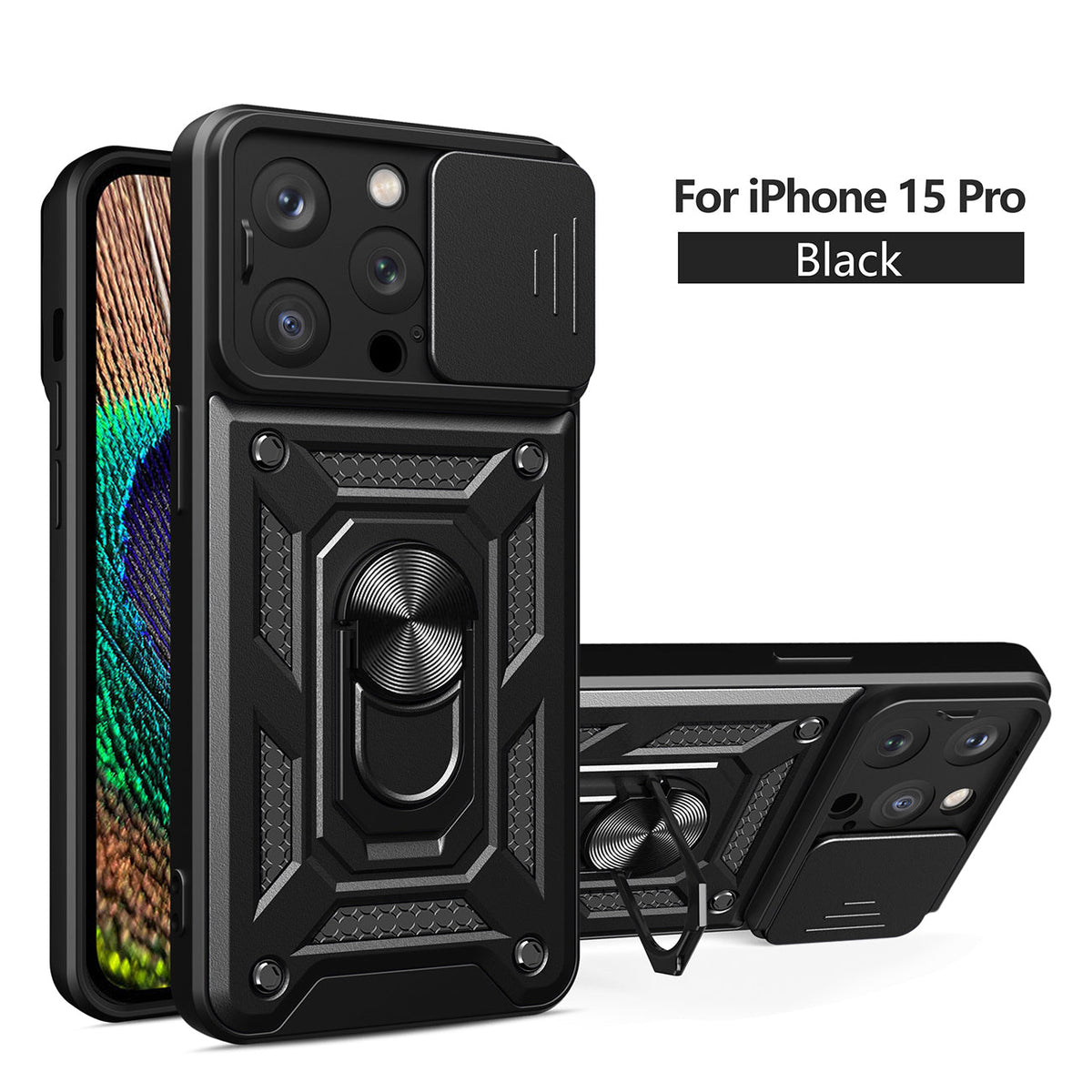 Kickstand Ring Holder with Slide Camera Cover TPU Magnetic Car Mount for APPLE IPHONE 15 PRO In Black