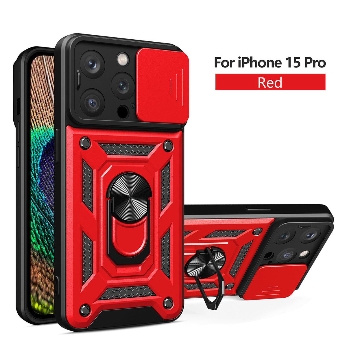 Kickstand Ring Holder with Slide Camera Cover TPU Magnetic Car Mount for APPLE IPHONE 15 PRO In Red