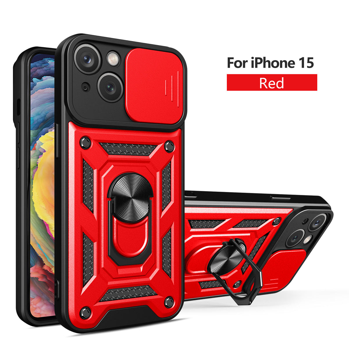 Kickstand Ring Holder with Slide Camera Cover TPU Magnetic Car Mount for APPLE IPHONE 15 In Red