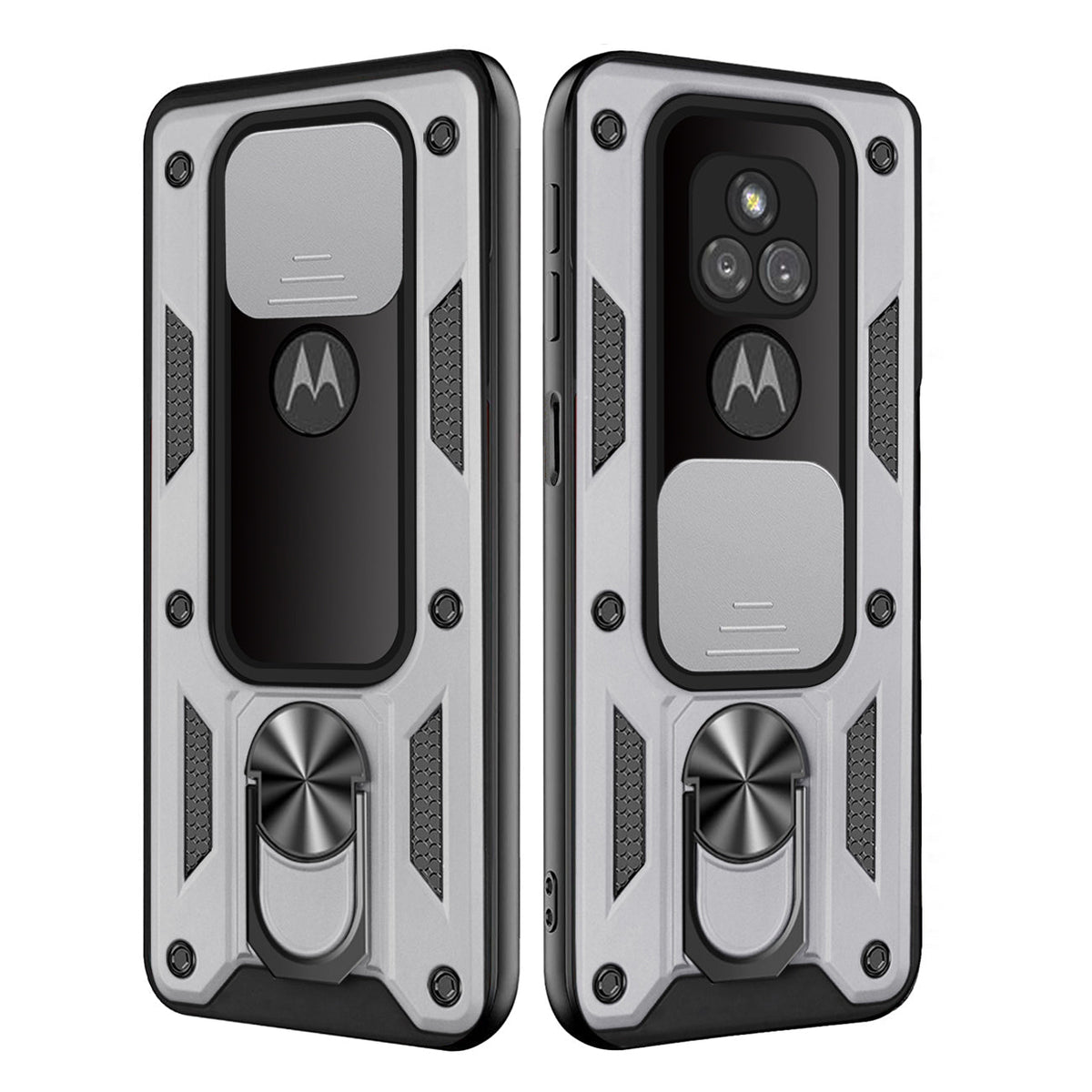 Kickstand Ring Holder with Slide Camera Cover TPU Shockproof Case and Magnetic Car Mount for MOTOROLA G PLAY In Silver In Silver