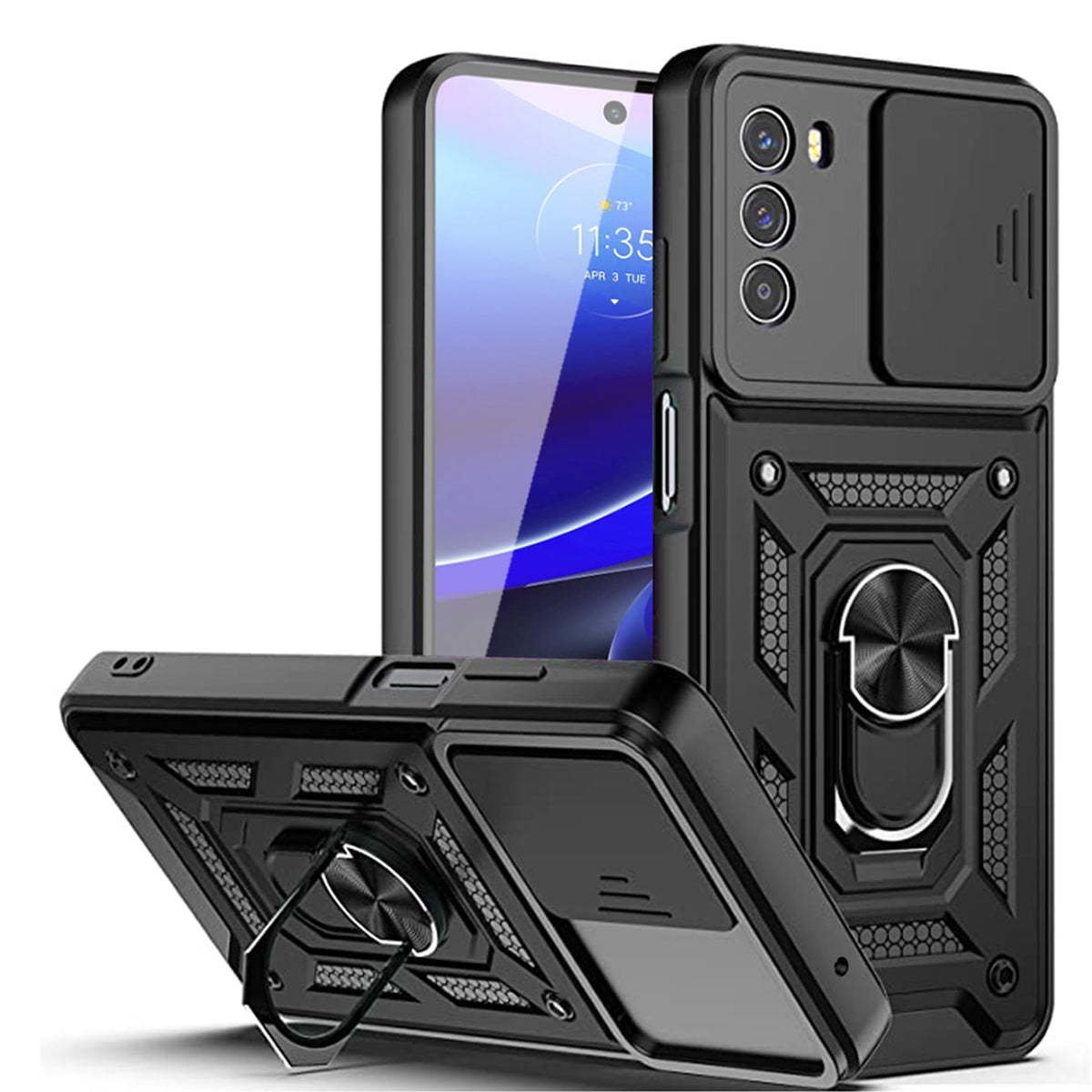 Kickstand Ring Holder with Slide Camera Cover TPU Shockproof Case and Magnetic Car Mount for MOTO G STYLUS 5G (2022) In Black