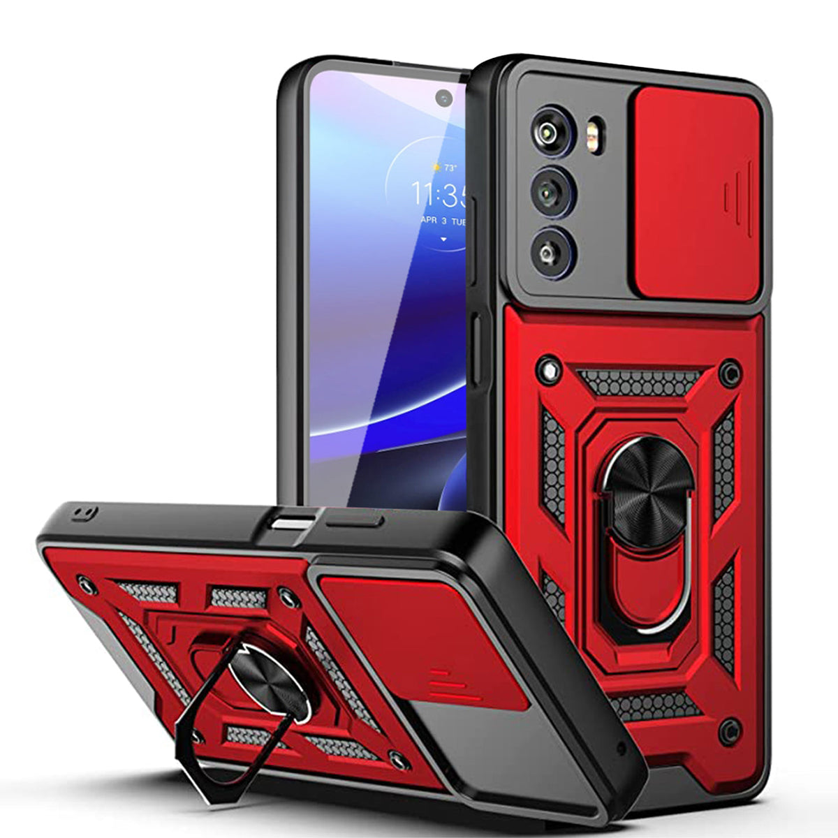 Kickstand Ring Holder with Slide Camera Cover TPU Shockproof Case and Magnetic Car Mount for MOTO G STYLUS 5G (2022) In Red