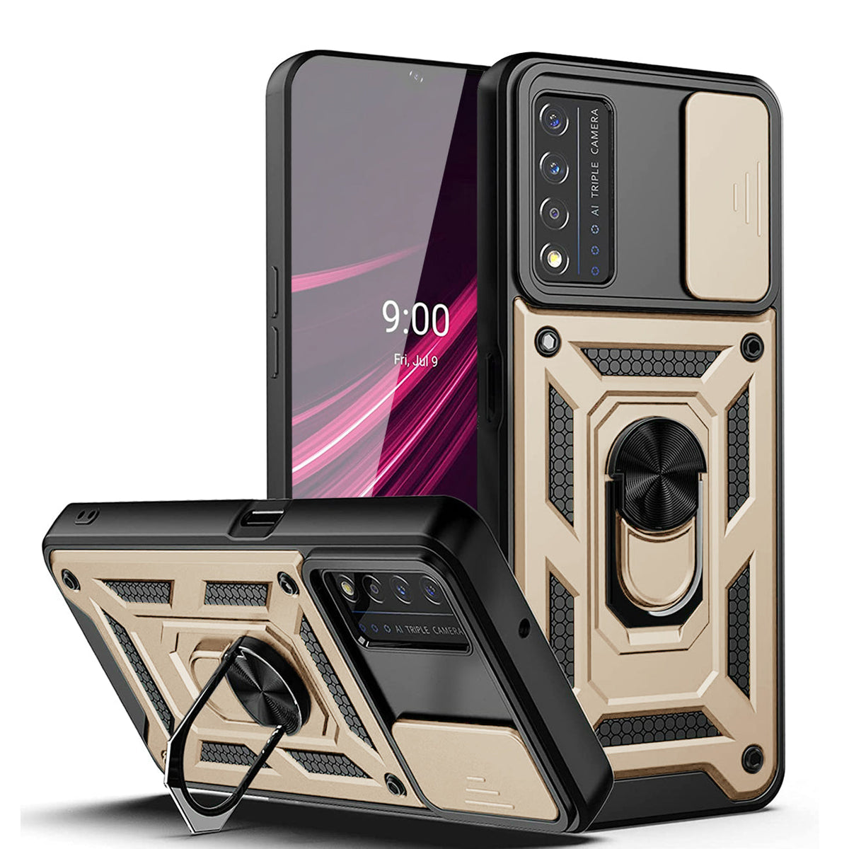 Kickstand Ring Holder with Slide Camera Cover TPU Magnetic Car Mount for REVVL V PLUS 5G In Gold