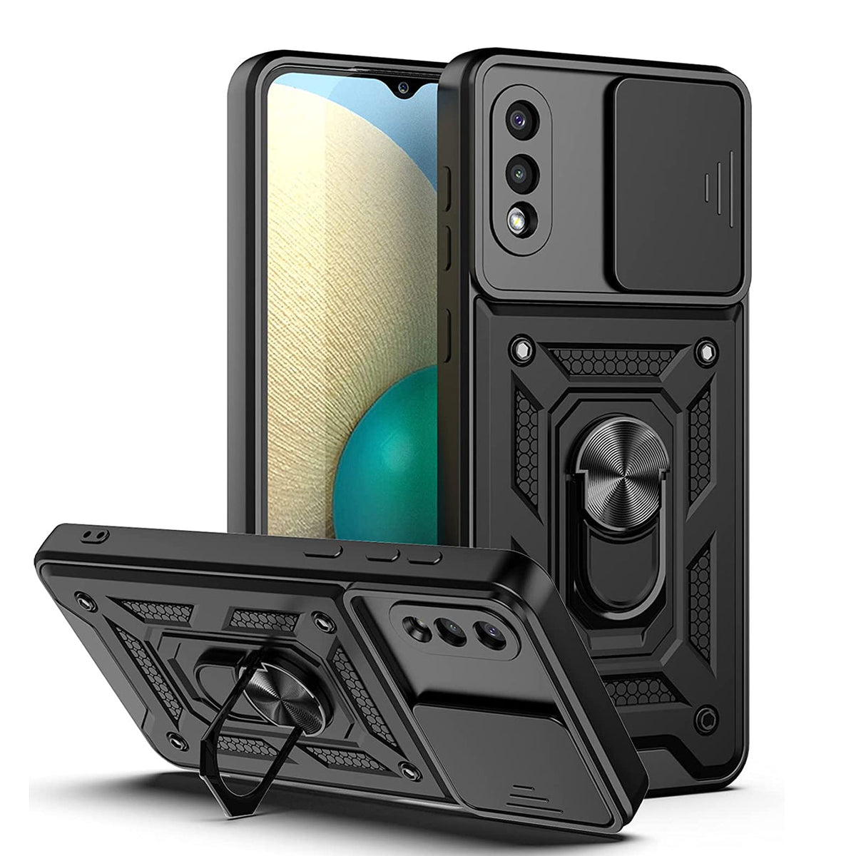 Kickstand Ring Holder with Slide Camera Cover TPU Shockproof Case and Magnetic Car Mount for SAMSUNG GALAXY A02/M02 In Black