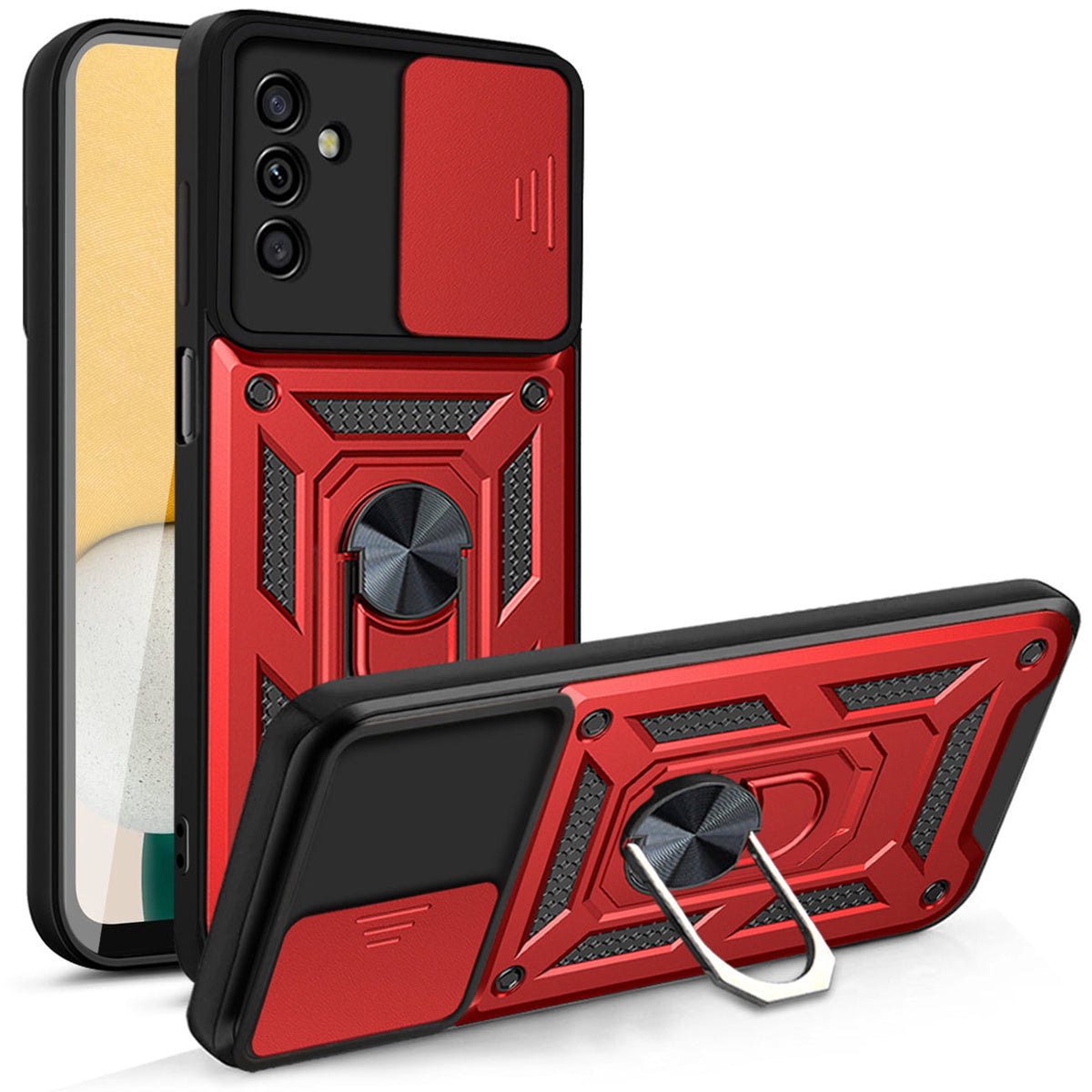Kickstand Ring Holder with Slide Camera Cover TPU Magnetic Car Mount for GALAXY A13 5G/A04S In Red