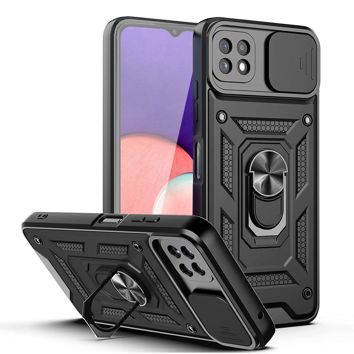 Kickstand Ring Holder with Slide Camera Cover TPU Magnetic Car Mount for GALAXY A22 5G In Black