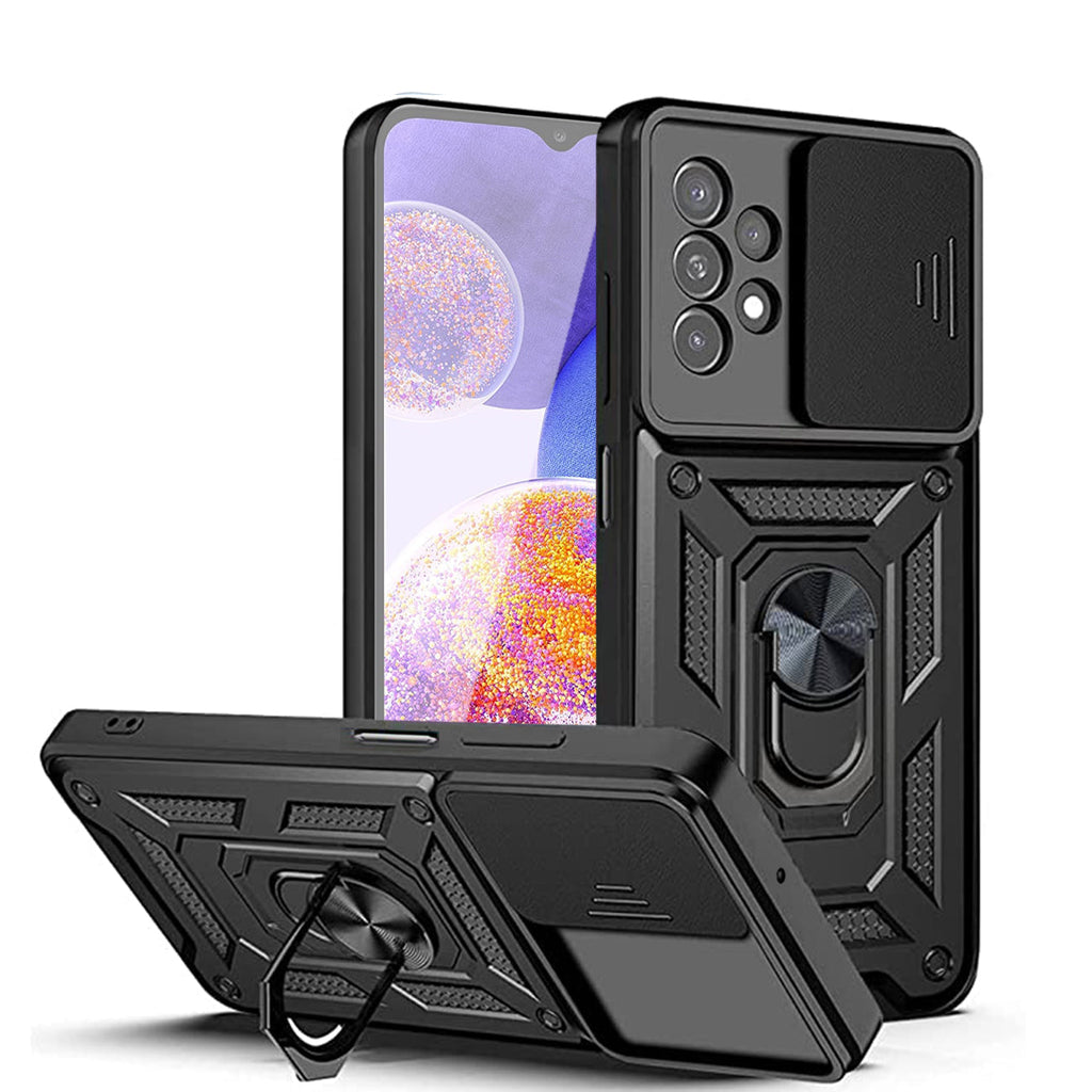 Kickstand Ring Holder with Slide Camera Cover TPU Shockproof Case and Magnetic Car Mount for SAMSUNG GALAXY A23 In Black