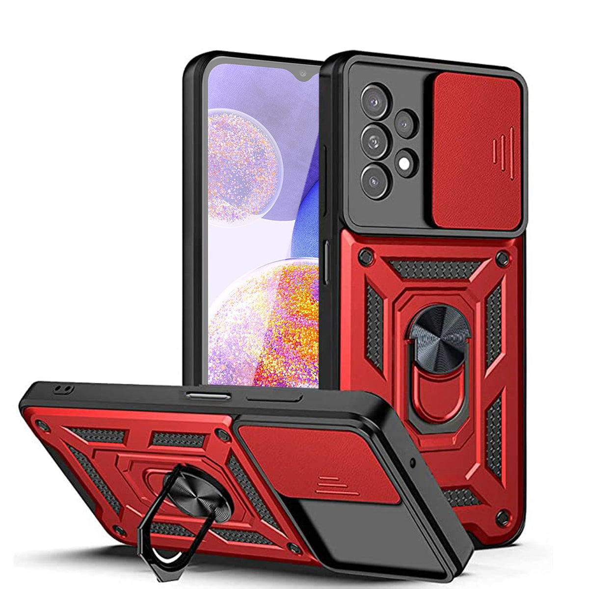 Kickstand Ring Holder with Slide Camera Cover TPU Shockproof Case and Magnetic Car Mount for SAMSUNG GALAXY A33 5G In Red