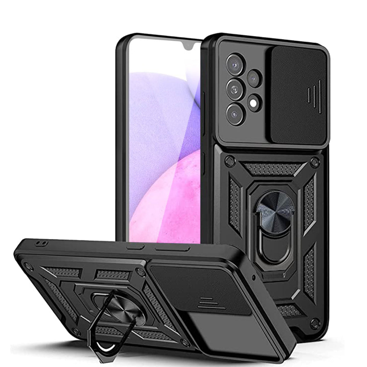 Kickstand Ring Holder with Slide Camera Cover TPU Shockproof Case and Magnetic Car Mount for SAMSUNG GALAXY A33 5G In Black