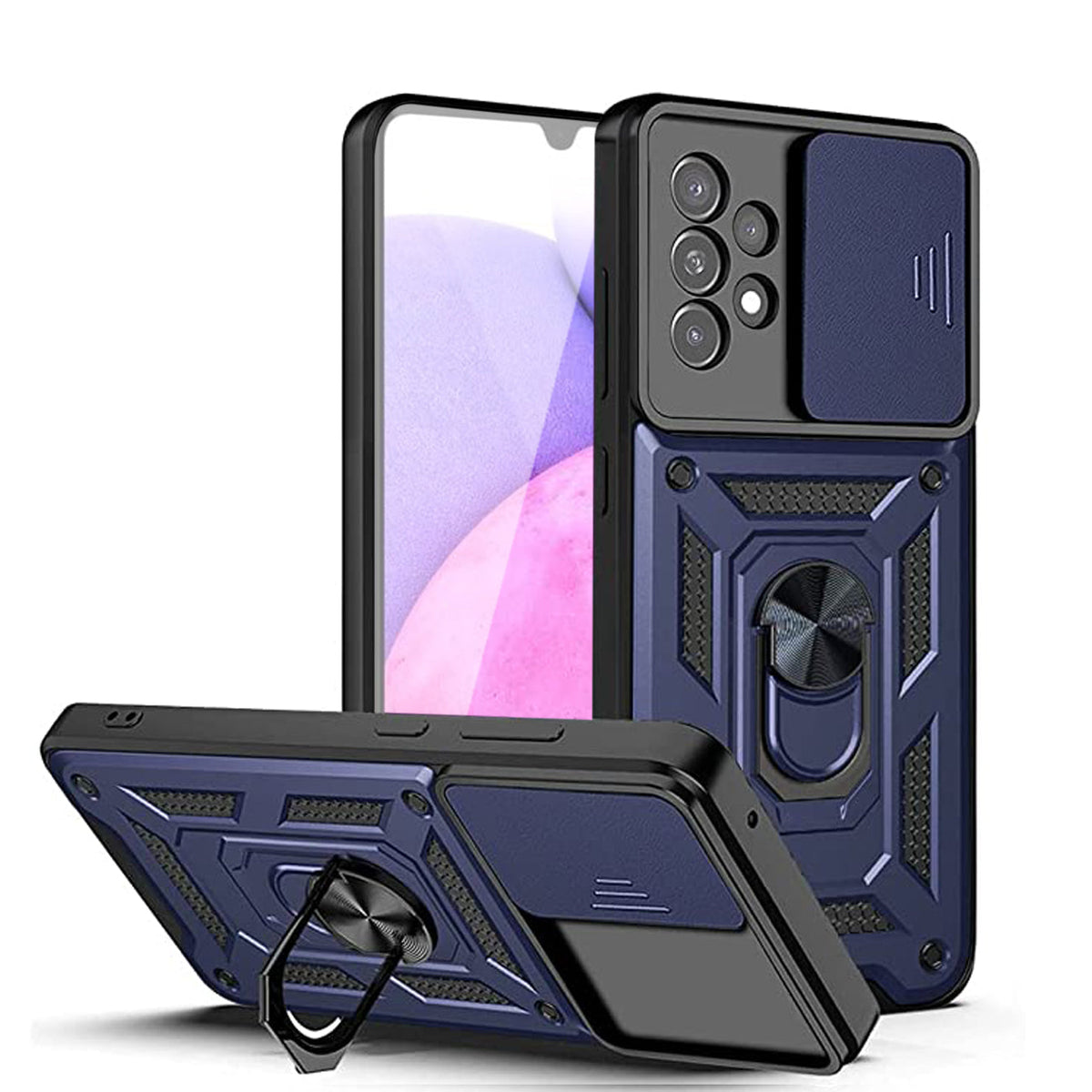 Kickstand Ring Holder with Slide Camera Cover TPU Shockproof Case and Magnetic Car Mount for SAMSUNG GALAXY A33 5G In Blue