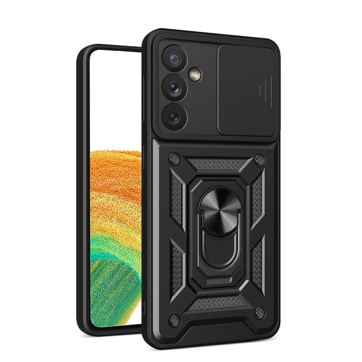 Kickstand Ring Holder with Slide Camera Cover TPU Magnetic Car Mount for GALAXY A34 5G  In Black