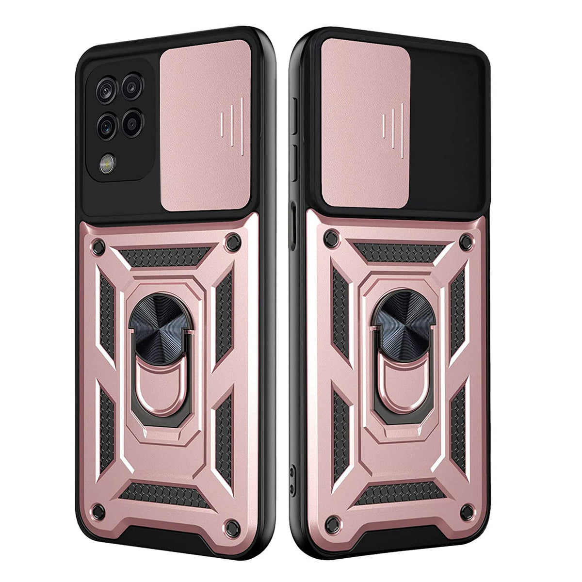 Kickstand Ring Holder with Slide Camera Cover TPU Shockproof Case and Magnetic Car Mount for SAMSUNG GALAXY A42 5G In Rose Gold