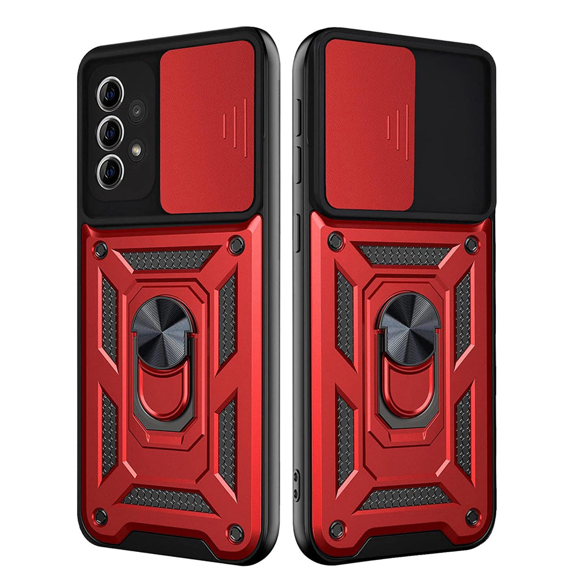Kickstand Ring Holder with Slide Camera Cover TPU Shockproof Case and Magnetic Car Mount for SAMSUNG GALAXY A72 5G In Red