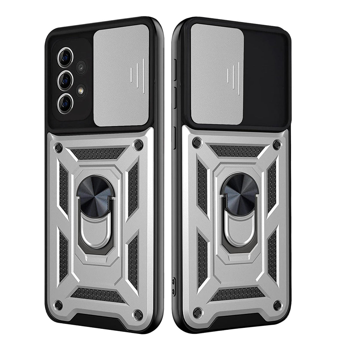 Kickstand Ring Holder with Slide Camera Cover TPU Shockproof Case and Magnetic Car Mount for SAMSUNG GALAXY A72 5G In Silver
