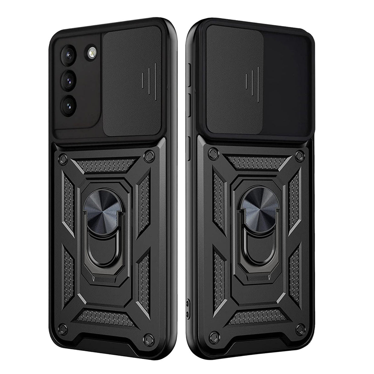 Kickstand Ring Holder with Slide Camera Cover TPU Shockproof Case and Magnetic Car Mount for SAMSUNG GALAXY S21/S30 In Black