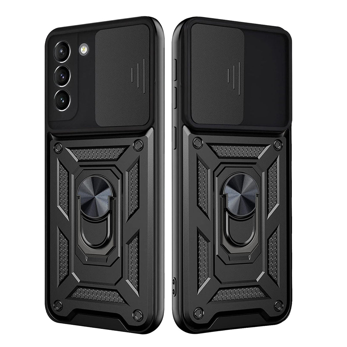 Kickstand Ring Holder with Slide Camera Cover TPU Shockproof Case and Magnetic Car Mount for SAMSUNG GALAXY S21 FE In Black