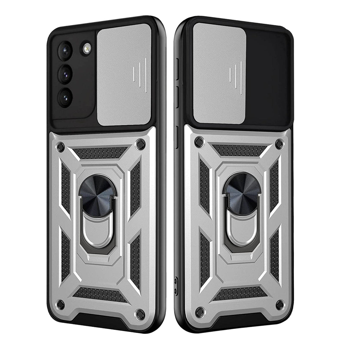 Kickstand Ring Holder with Slide Camera Cover TPU Shockproof Case and Magnetic Car Mount for SAMSUNG GALAXY S21/S30 In Silver
