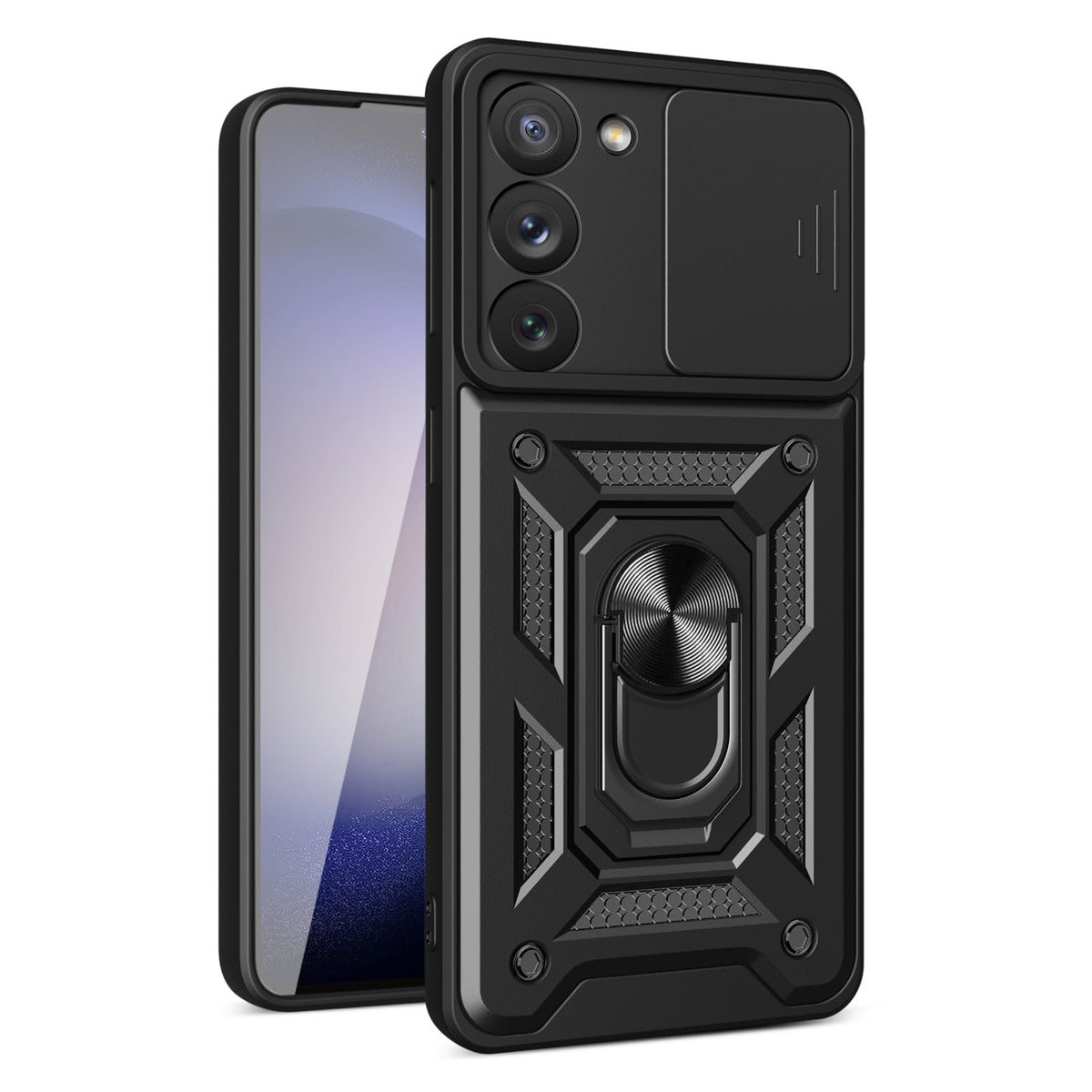 Kickstand Ring Holder with Slide Camera Cover TPU Magnetic Car Mount for GALAXY S23  In Black
