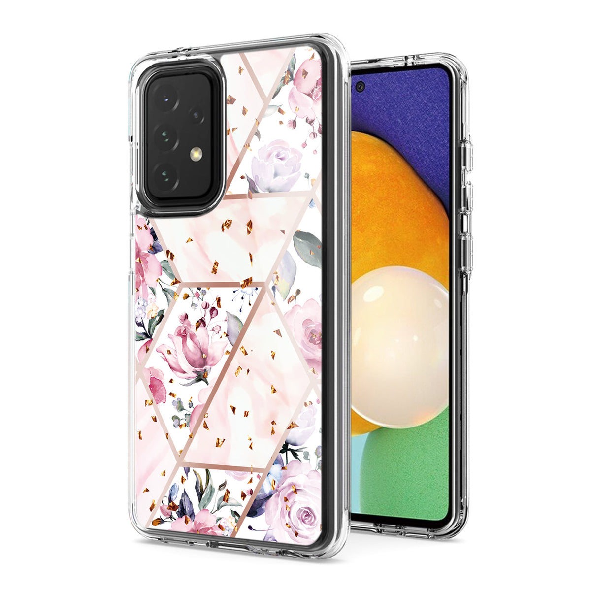 Flower Design Pattern Printing Dual Layer Hybrid Hard Plastic and Soft TPU Rubber Case Cover for SAMSUNG GALAXY A52 5G In Pink Base Flower