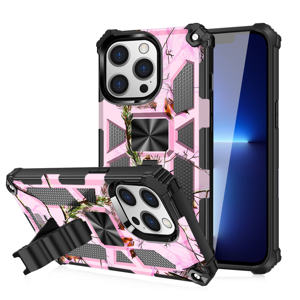 Built-in Kickstand TPU Case with Magnetic Mount for APPLE IPHONE 13 PRO MAX in Tree leaf patterns