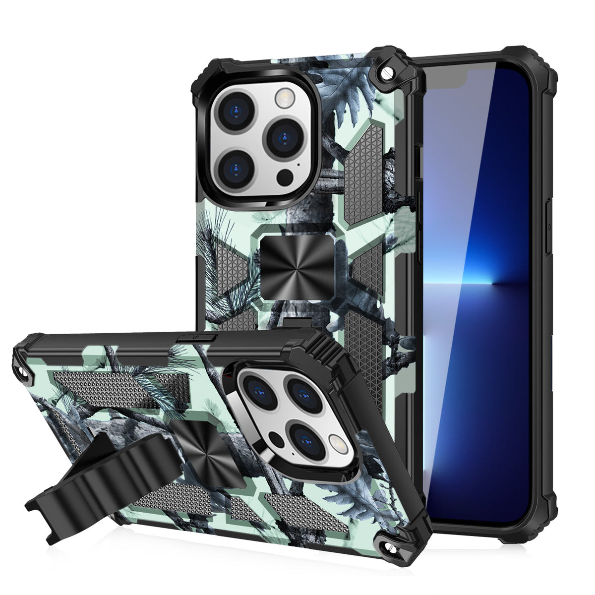 Built-in Kickstand TPU Case with Magnetic Mount for APPLE IPHONE 13 PRO in Tree leaf patterns