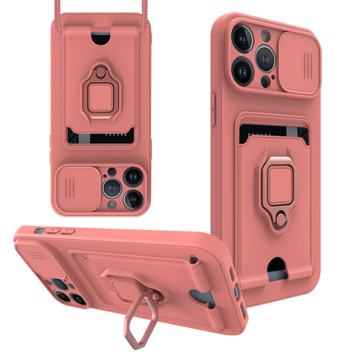High Quality iPhone 12 Max Case with Camera cover, Kickstand, Slide lens protection, Magnetic ring stand, Crossbody strap and Card holder In Pink