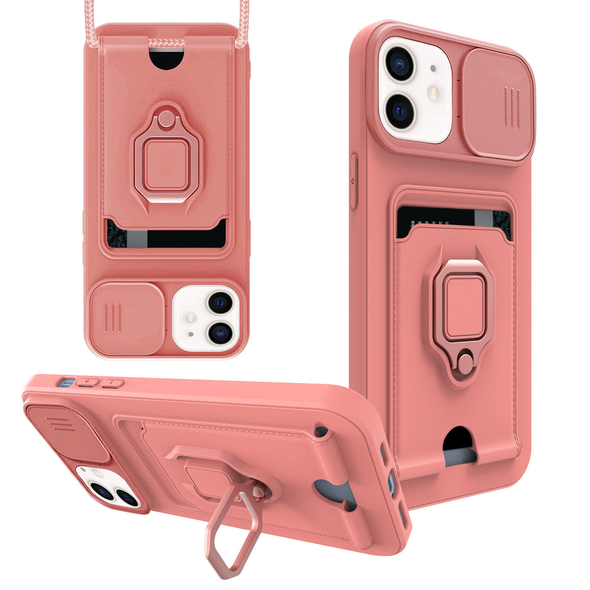 High Quality iPhone 12 Case with Camera cover, Kickstand, Slide lens protection, Magnetic ring stand, Crossbody strap and Card holder In Pink