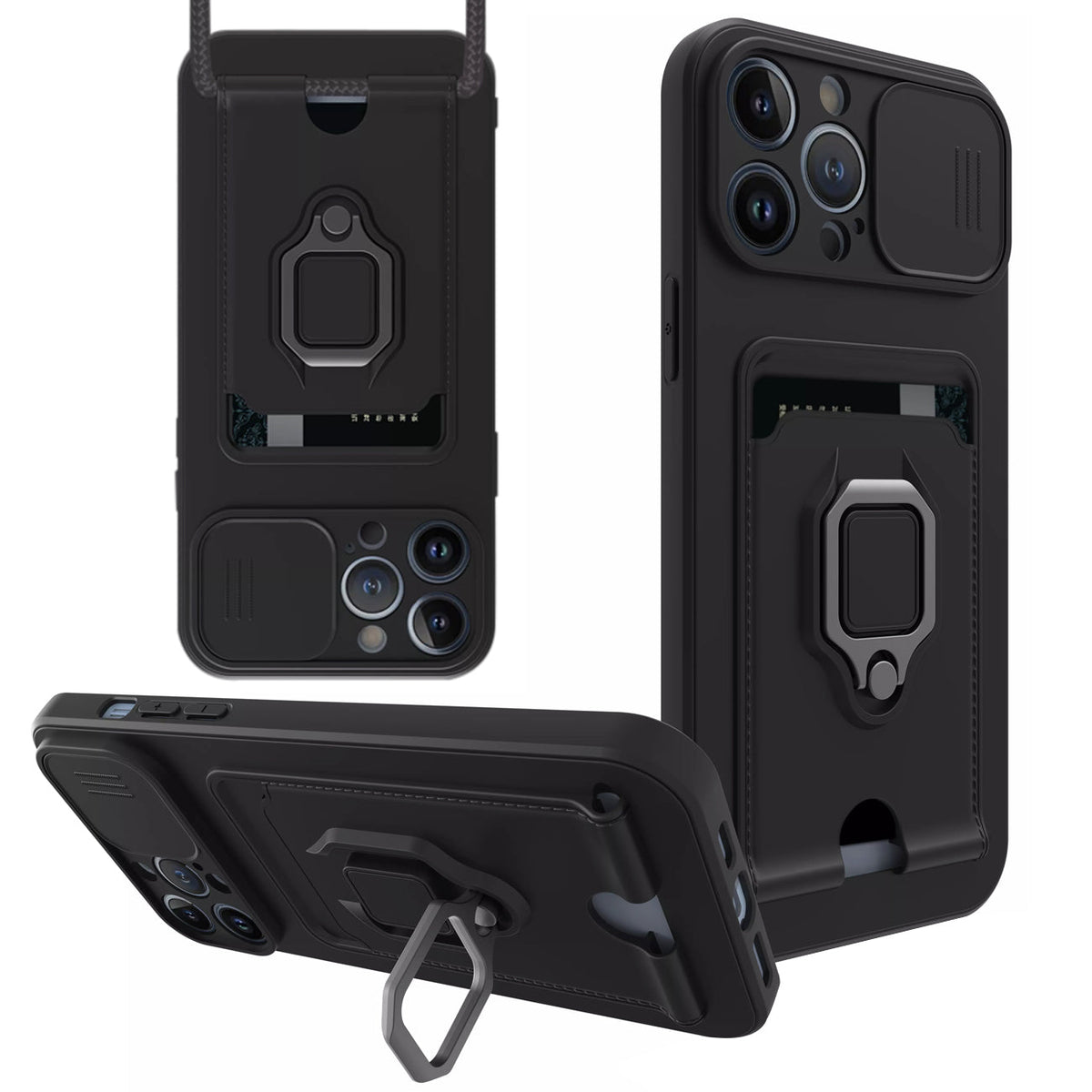High Quality iPhone 12 Pro Case with Camera cover, Kickstand, Slide lens protection, Magnetic ring stand, Crossbody strap and Card holder In Black