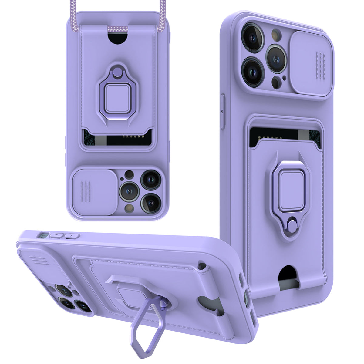 High Quality iPhone 12 Pro Case with Camera cover, Kickstand, Slide lens protection, Magnetic ring stand, Crossbody strap and Card holder In Purple