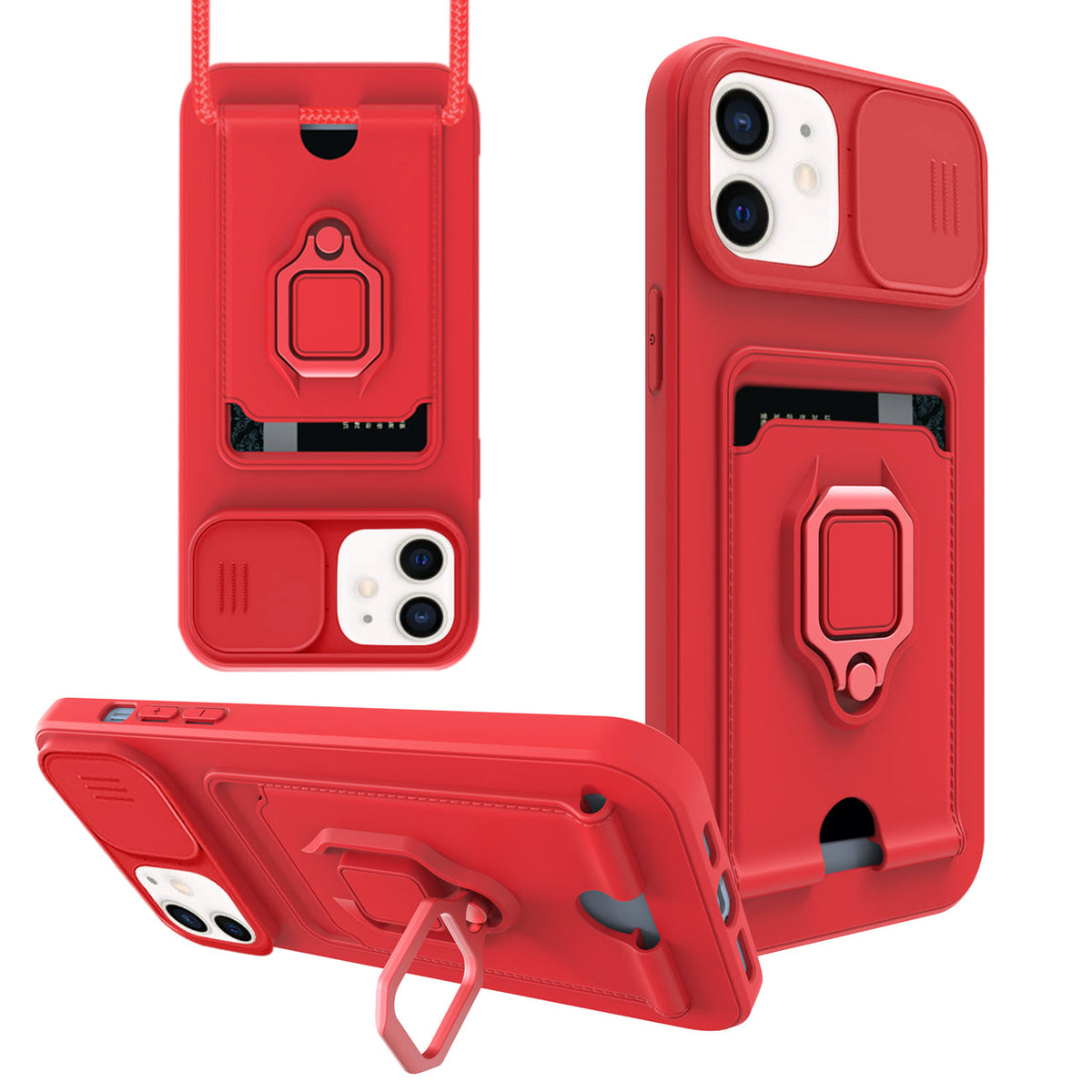 High Quality iPhone 12 Case with Camera cover, Kickstand, Slide lens protection, Magnetic ring stand, Crossbody strap and Card holder In Red
