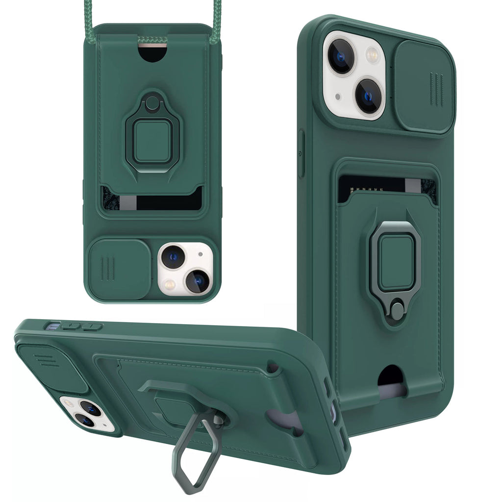 High Quality iPhone 13 Case with Camera cover, Kickstand, Slide lens protection, Magnetic ring stand, Crossbody strap and Card holder In Green