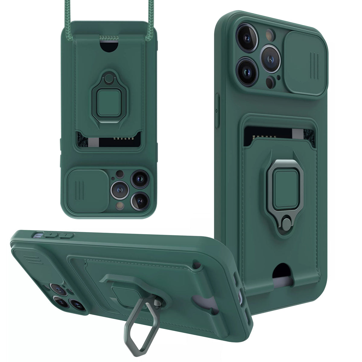 High Quality iPhone 13 Pro Case with Camera cover, Kickstand, Slide lens protection, Magnetic ring stand, Crossbody strap and Card holder In Green