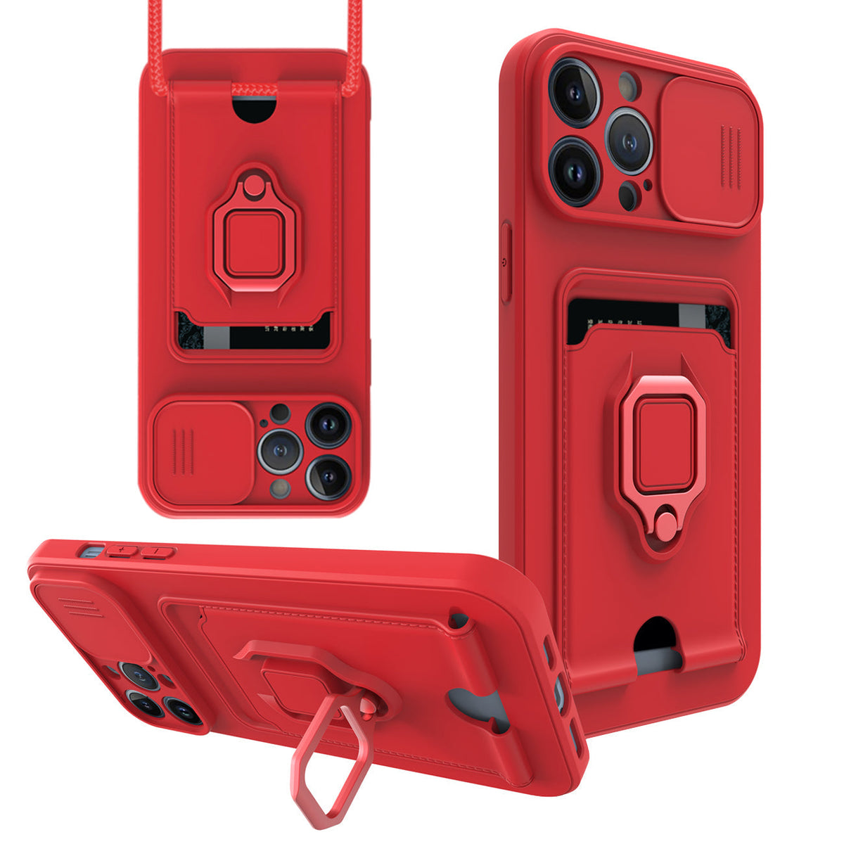 High Quality iPhone 13 Pro Case with Camera cover, Kickstand, Slide lens protection, Magnetic ring stand, Crossbody strap and Card holder In Red