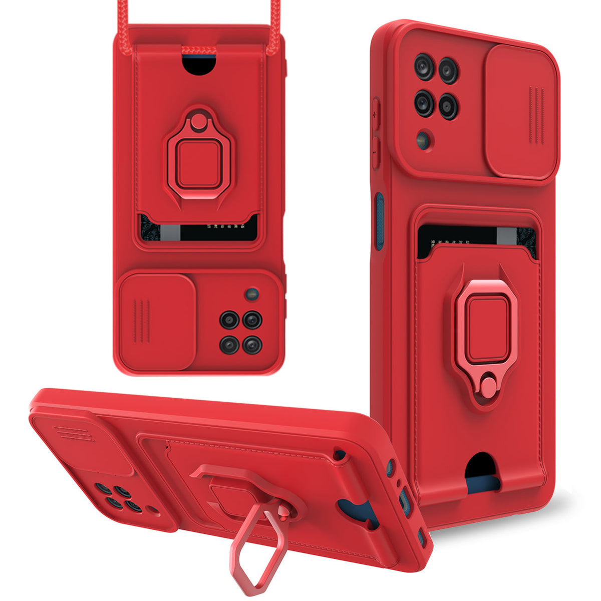 High Quality Samsung 12 5G Case with Camera cover, Kickstand, Slide lens protection, Magnetic ring stand, Crossbody strap and Card holder In Red