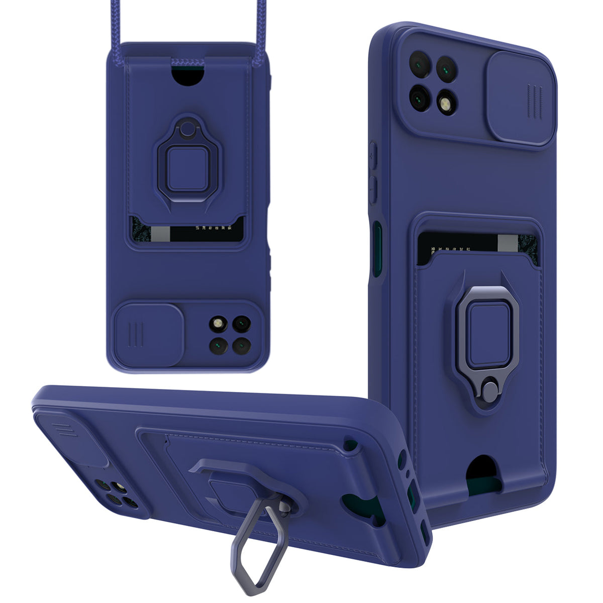 High Quality Samsung 22 5G Case with Camera cover, Kickstand, Slide lens protection, Magnetic ring stand, Crossbody strap and Card holder In Navy