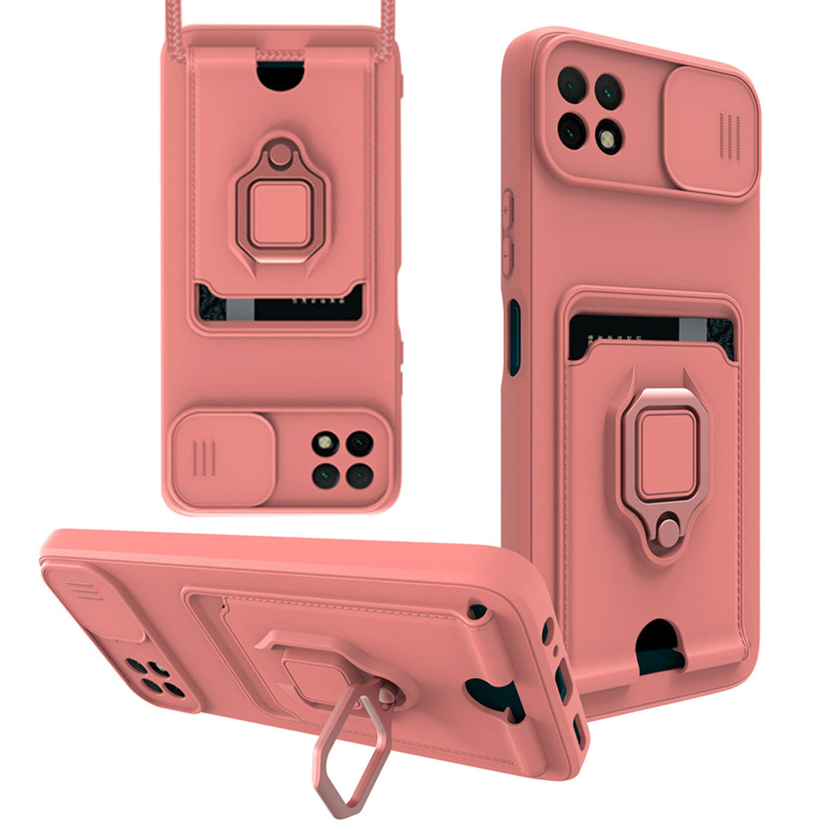 High Quality Samsung 22 5G Case with Camera cover, Kickstand, Slide lens protection, Magnetic ring stand, Crossbody strap and Card holder In Pink