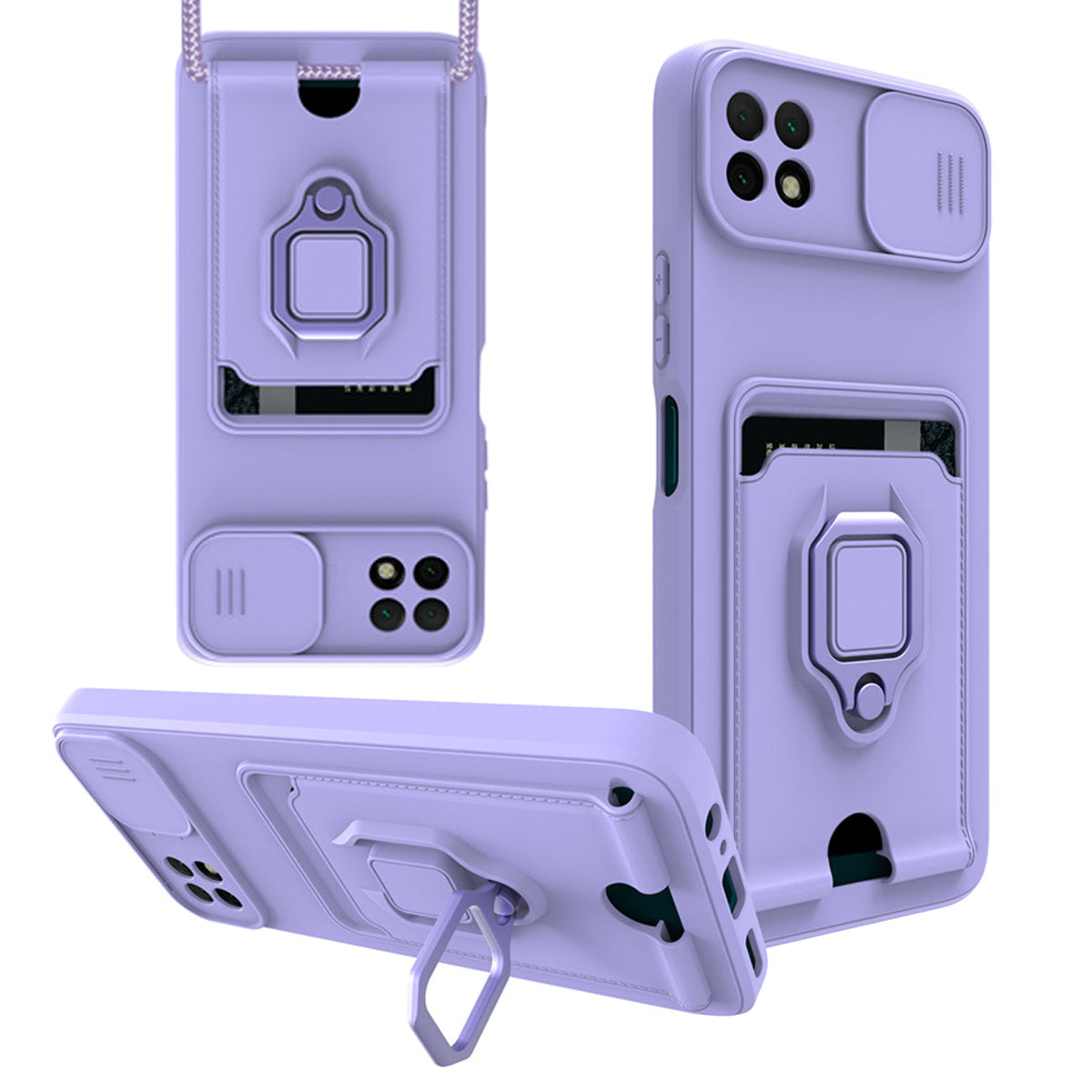 High Quality Samsung 22 5G Case with Camera cover, Kickstand, Slide lens protection, Magnetic ring stand, Crossbody strap and Card holder In Purple