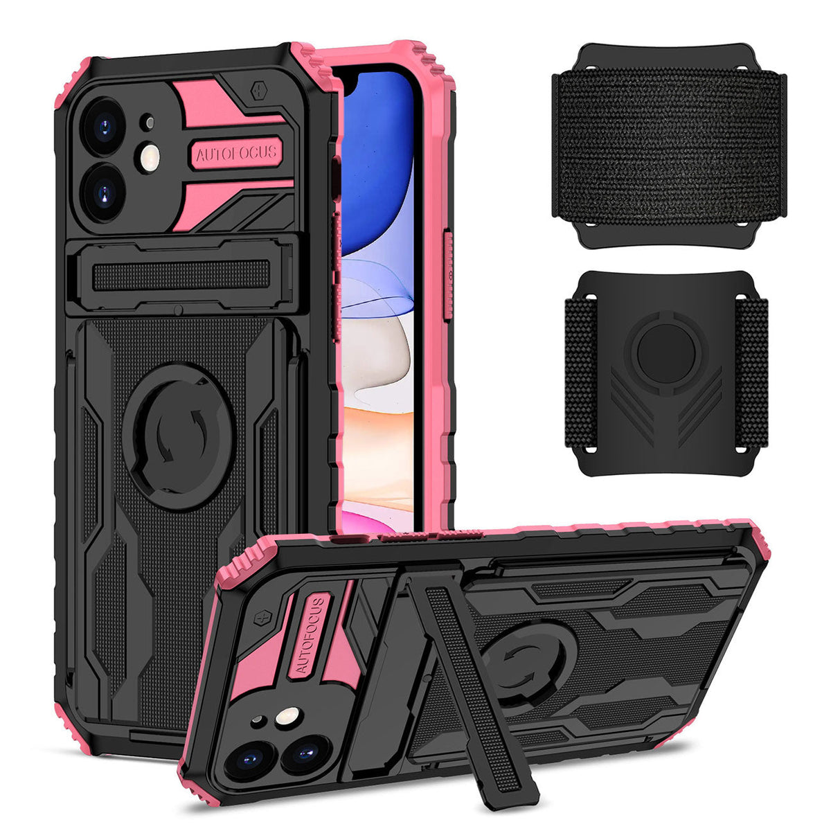 High Elastic Plastic iPhone 11 Case with Kickstand, Sports Mobile Wristband and Card Slot In Pink