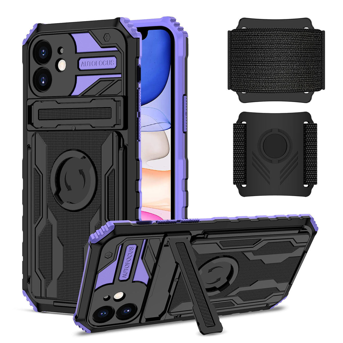 High Elastic Plastic iPhone 11 Case with Kickstand, Sports Mobile Wristband and Card Slot In Purple