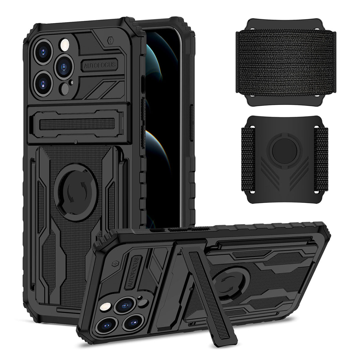High Elastic Plastic iPhone 12 Max Case with Kickstand, Sports Mobile Wristband and Card Slot In Black