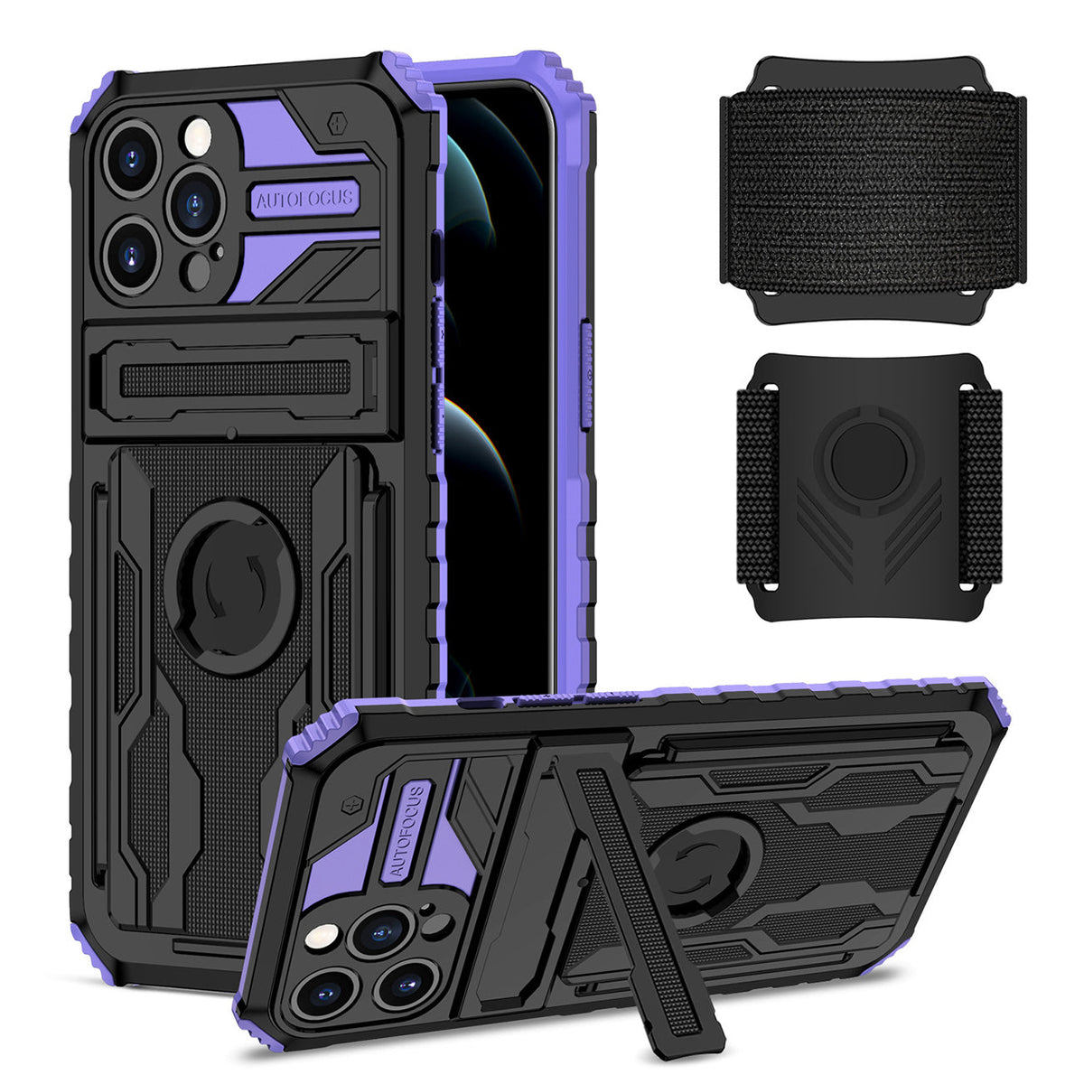 High Elastic Plastic iPhone 12 Max Case with Kickstand, Sports Mobile Wristband and Card Slot In Purple