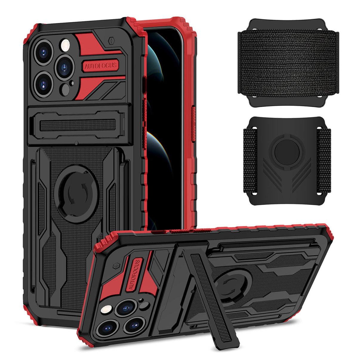 High Elastic Plastic iPhone 12 Max Case with Kickstand, Sports Mobile Wristband and Card Slot In Red