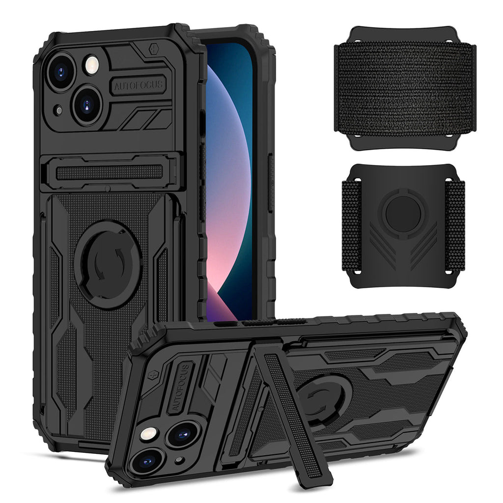 High Elastic Plastic iPhone 13 Case with Kickstand, Sports Mobile Wristband and Card Slot In Black