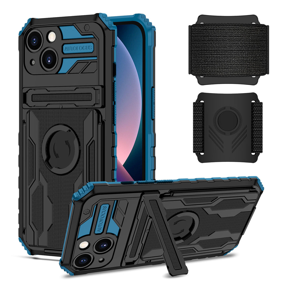 High Elastic Plastic iPhone 13 Case with Kickstand, Sports Mobile Wristband and Card Slot In Blue