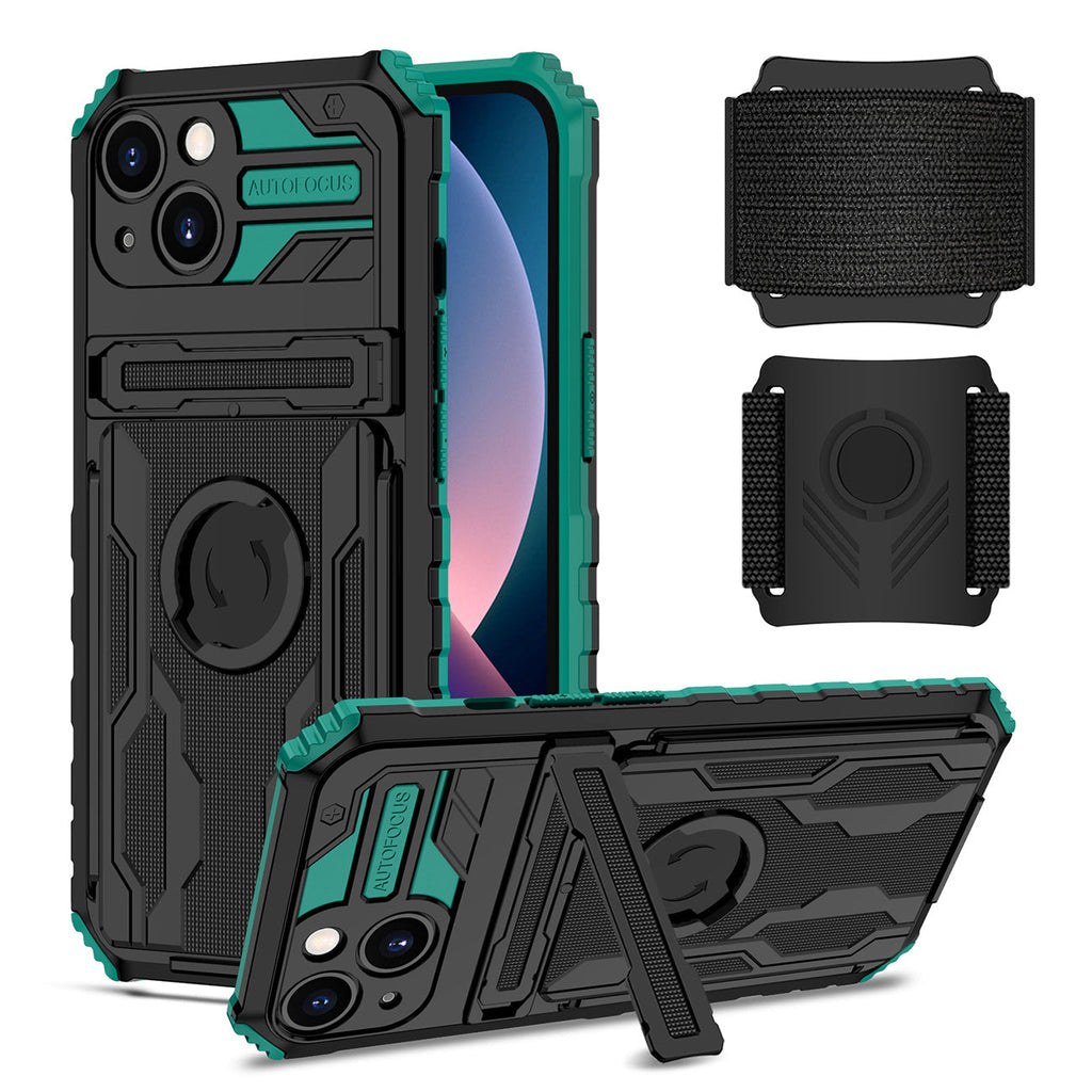 High Elastic Plastic iPhone 13 Case with Kickstand, Sports Mobile Wristband and Card Slot In Green