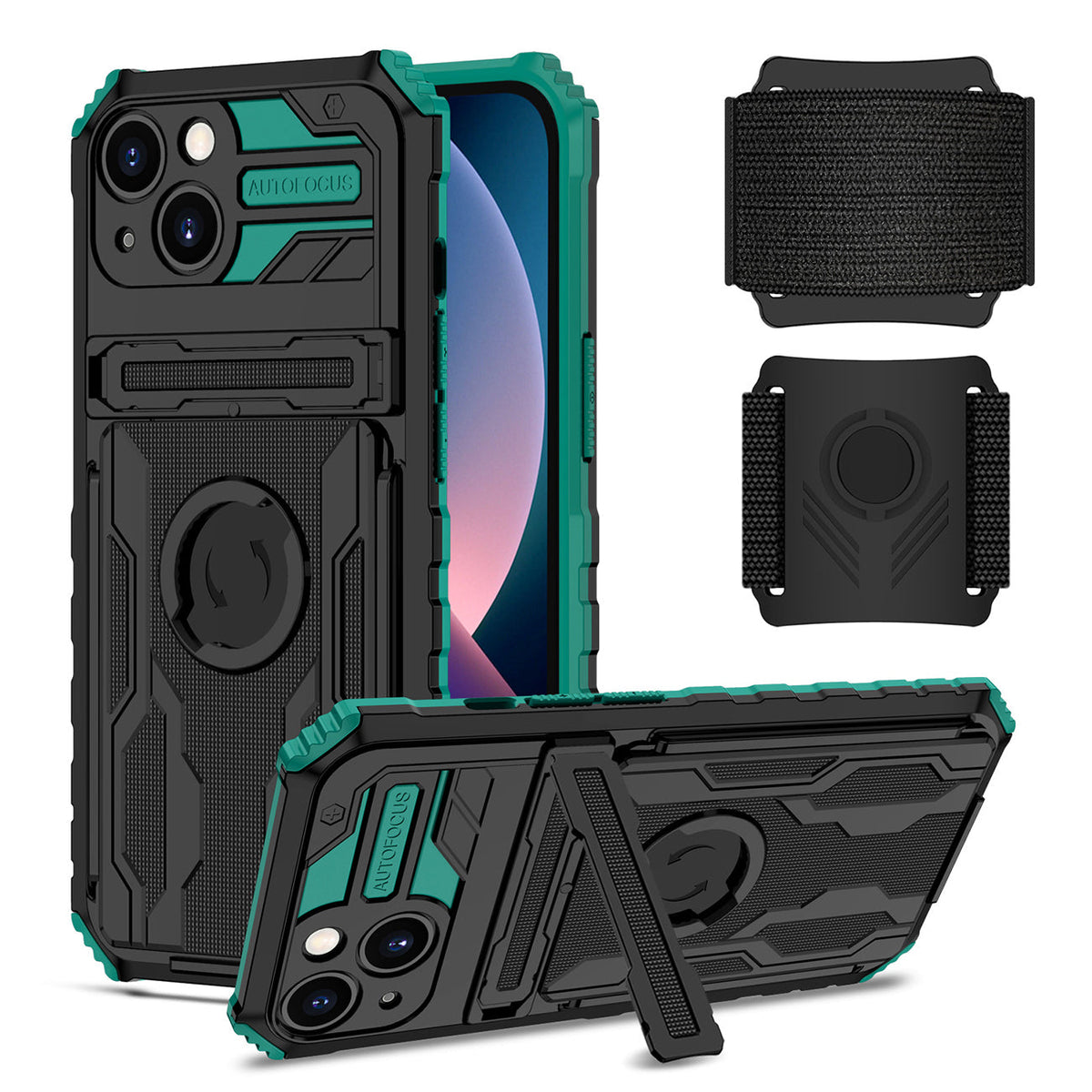 High Elastic Plastic iPhone 13 Case with Kickstand, Sports Mobile Wristband and Card Slot In Green