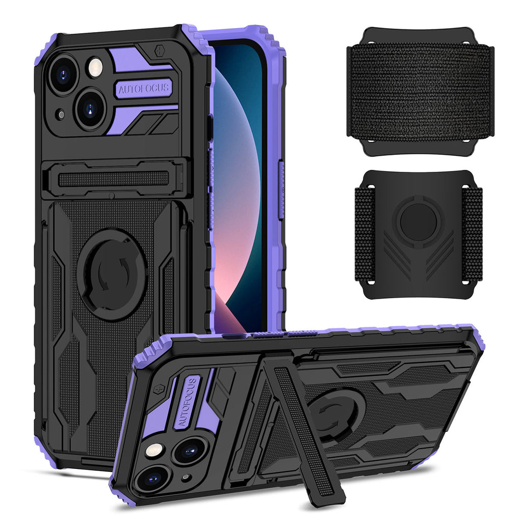 High Elastic Plastic iPhone 13 Case with Kickstand, Sports Mobile Wristband and Card Slot In Purple